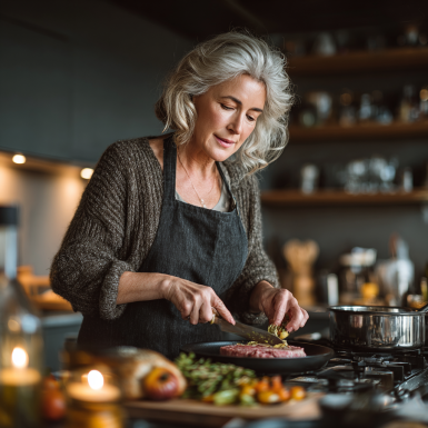 Щаслива пара літнього віку готує здорову їжу