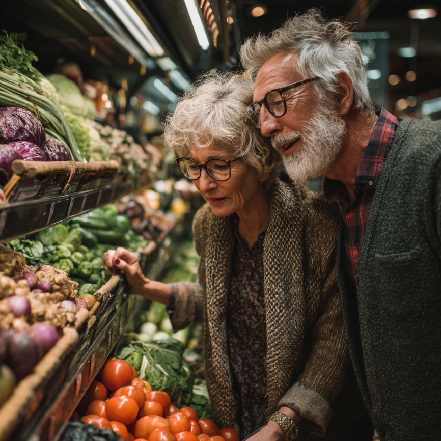 Літня жінка з корисною їжею та усмішкою